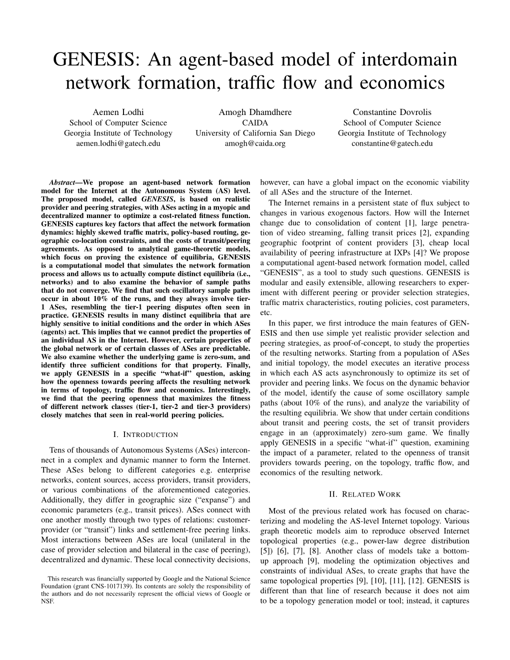 GENESIS: an Agent-Based Model of Interdomain Network Formation, Trafﬁc ﬂow and Economics