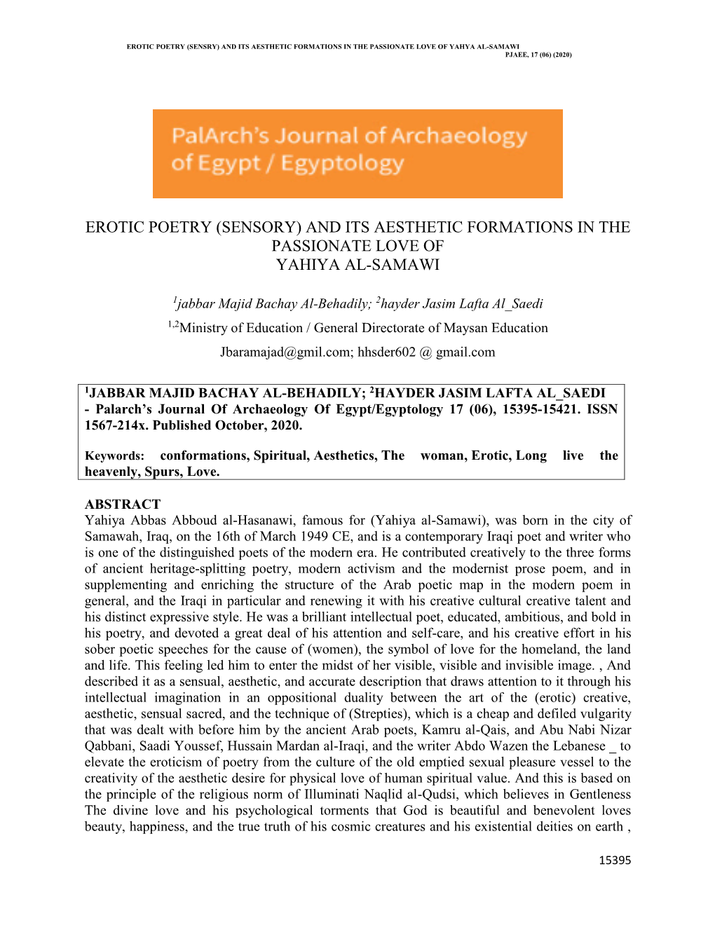 Erotic Poetry (Sensry) and Its Aesthetic Formations in the Passionate Love of Yahya Al-Samawi Pjaee, 17 (06) (2020)