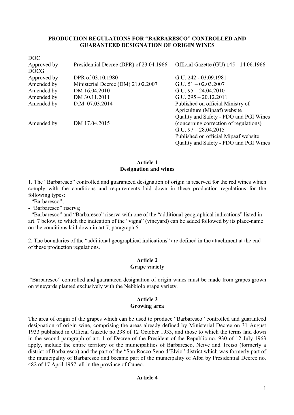 Production Regulations for “Barbaresco” Controlled and Guaranteed Designation of Origin Wines