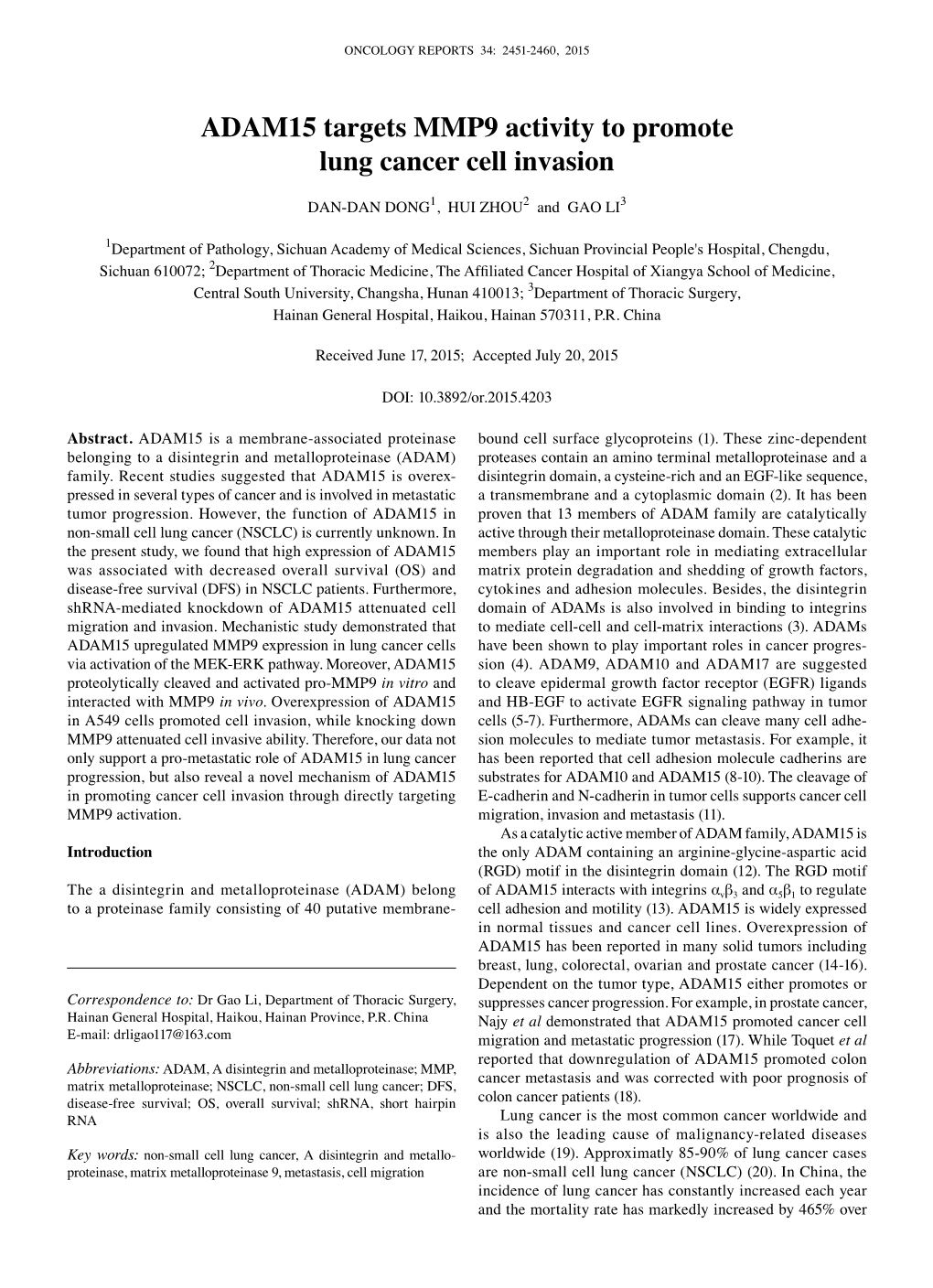 ADAM15 Targets MMP9 Activity to Promote Lung Cancer Cell Invasion