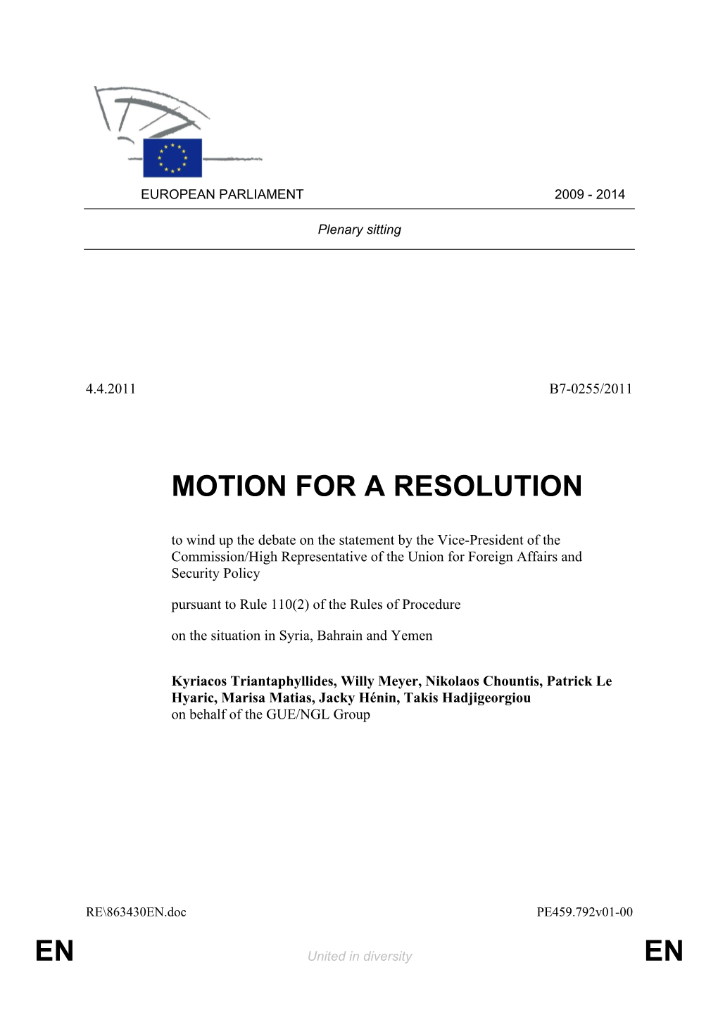 En En Motion for a Resolution