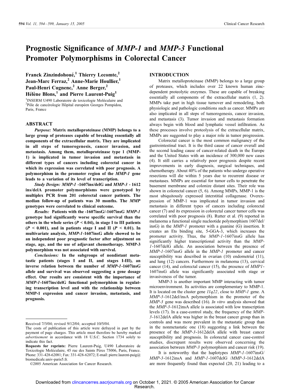 Prognostic Significance of MMP-1 and MMP-3 Functional Promoter Polymorphisms in Colorectal Cancer