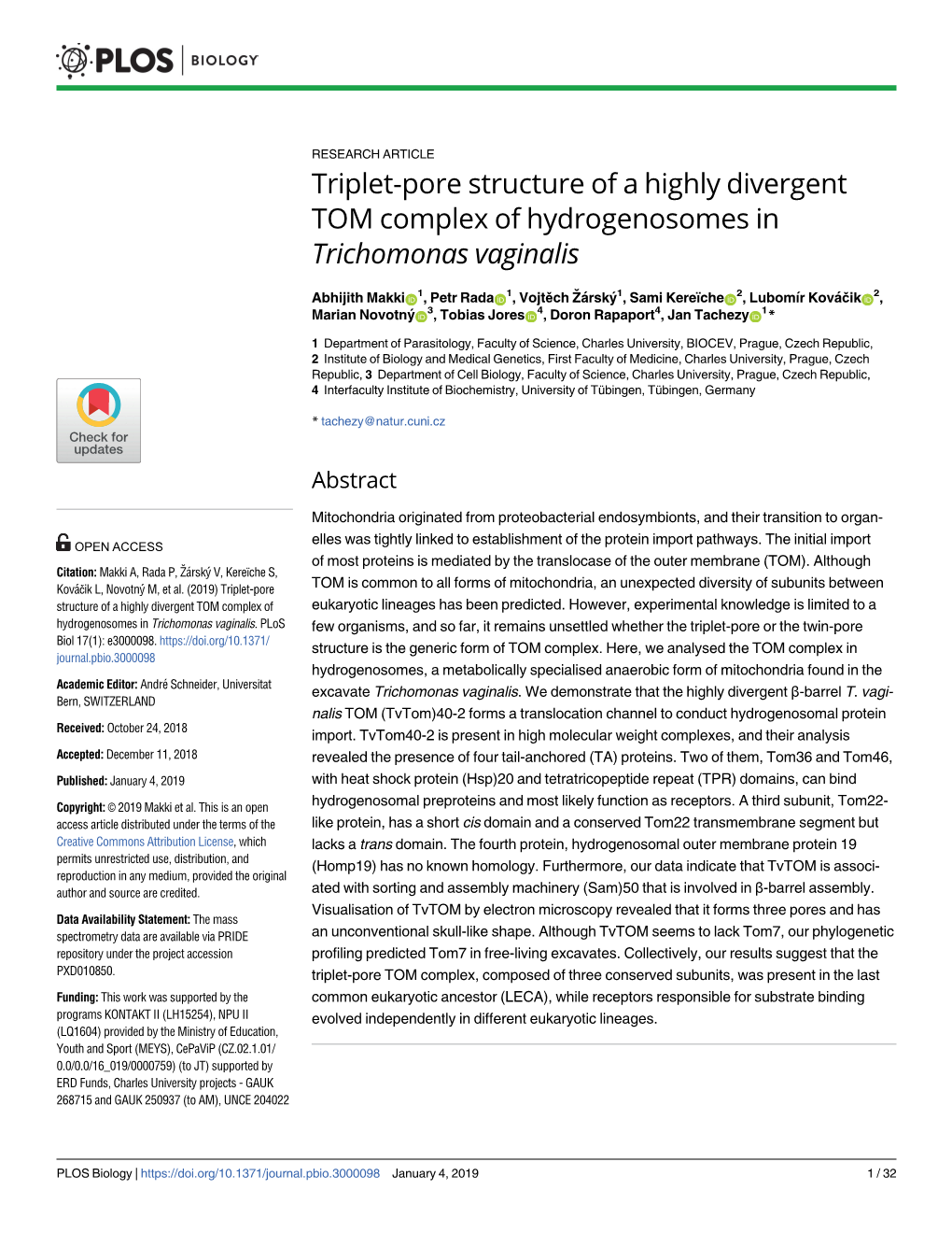 Triplet-Pore Structure of a Highly Divergent TOM Complex of Hydrogenosomes in Trichomonas Vaginalis