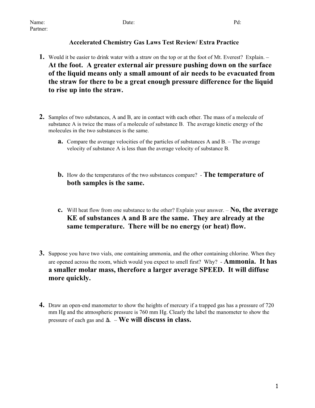 Accelerated Chemistry Gas Laws Test Review/ Extra Practice