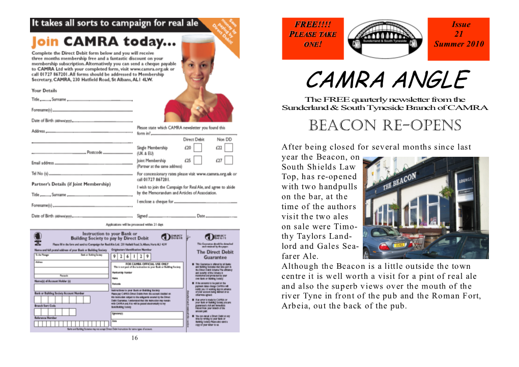CAMRA ANGLE the FREE Quarterly Newsletter from the Sunderland & South Tyneside Branch of CAMRA Beacon Re-Opens