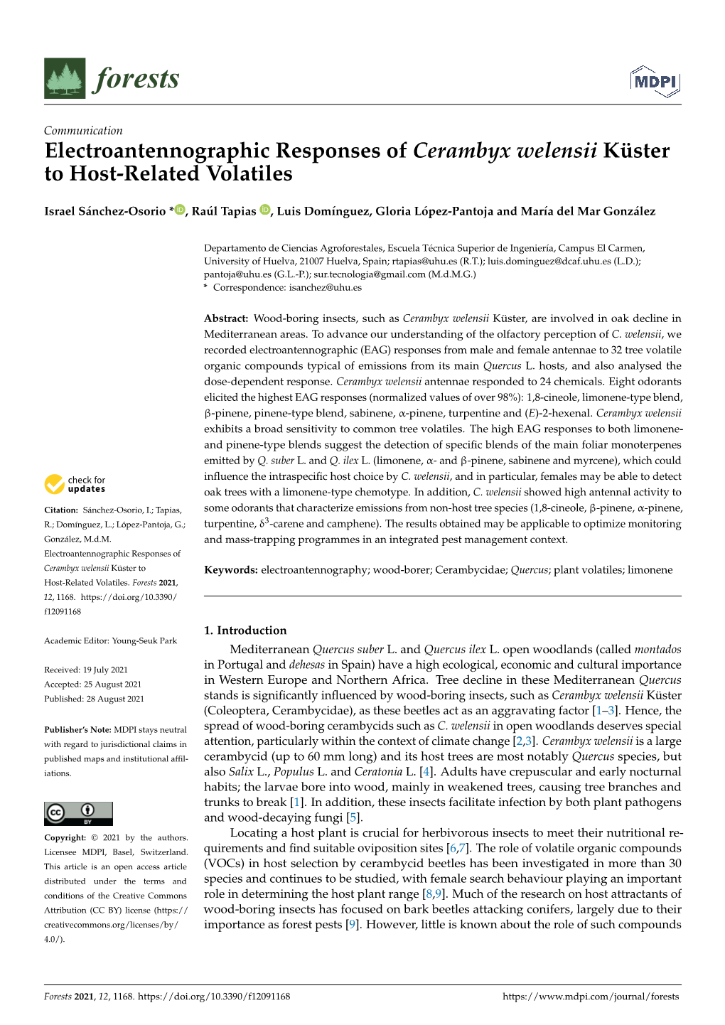 Electroantennographic Responses of Cerambyx Welensii Küster to Host-Related Volatiles