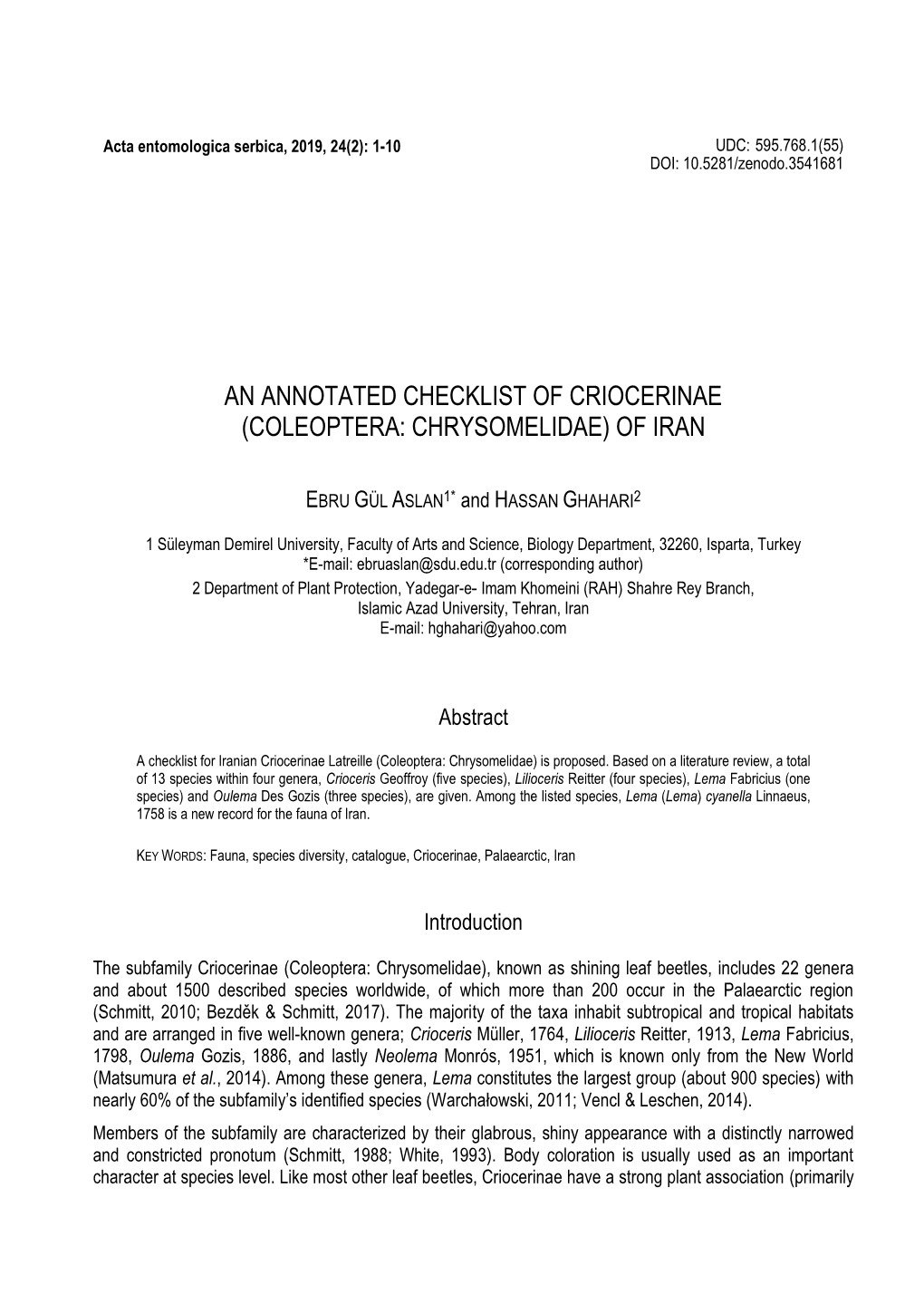 An Annotated Checklist of Criocerinae (Coleoptera: Chrysomelidae) of Iran