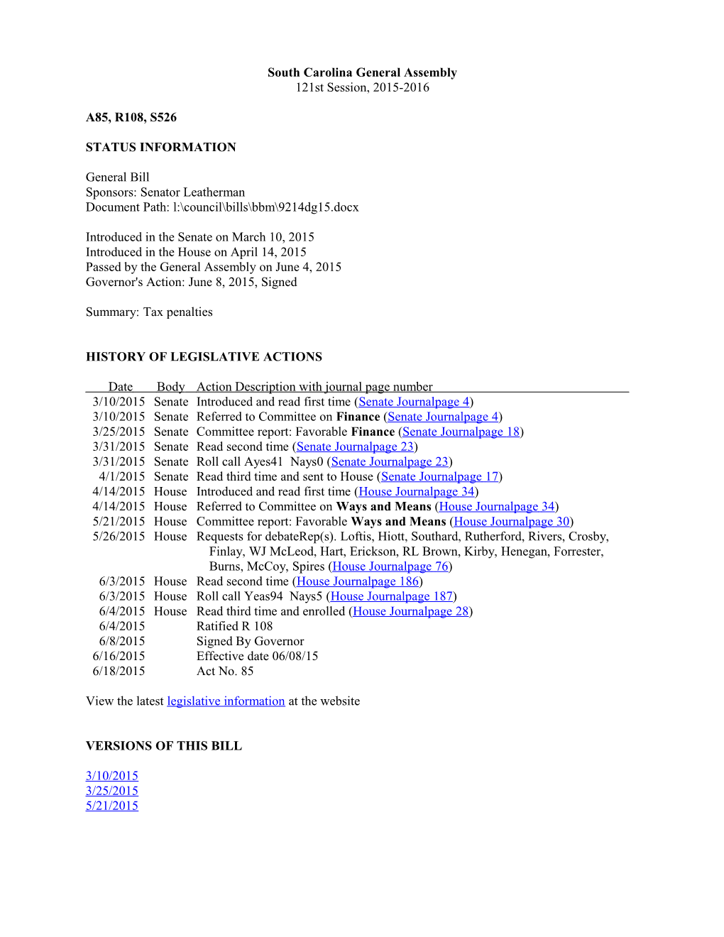 2015-2016 Bill 526: Tax Penalties - South Carolina Legislature Online