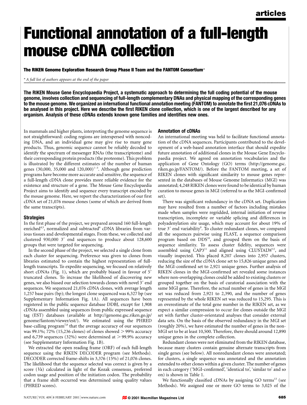 Functional Annotation of a Full-Length Mouse Cdna Collection