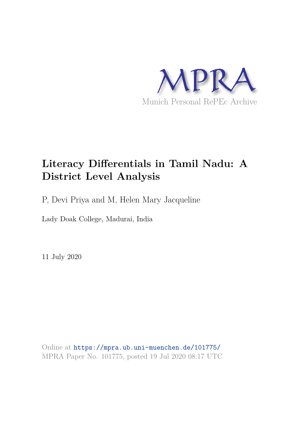 Literacy Differentials in Tamil Nadu: a District Level Analysis