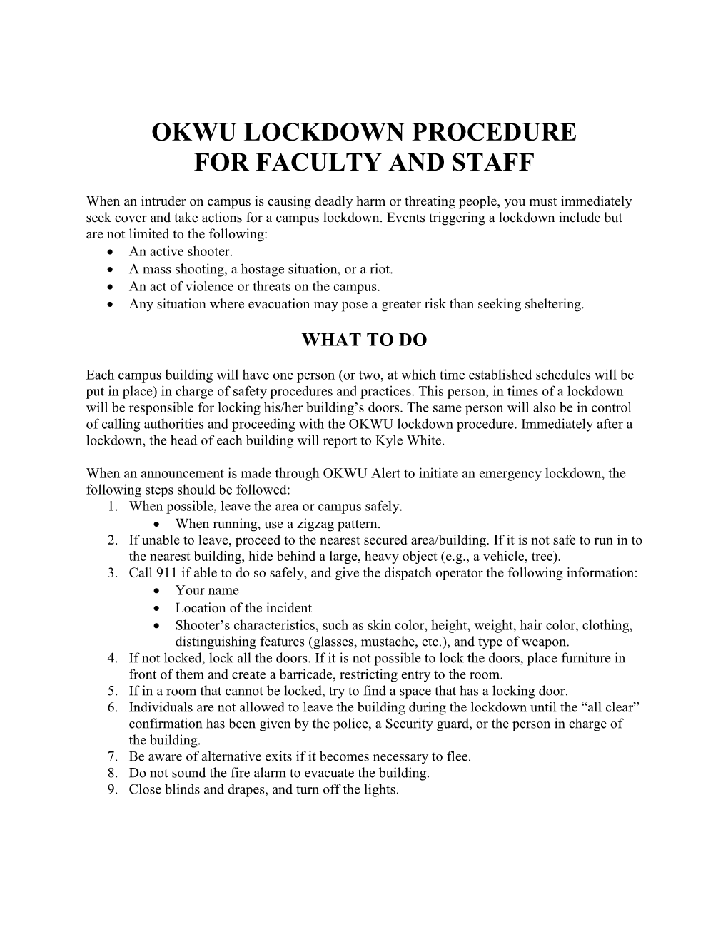 Okwu Lockdown Procedure for Faculty and Staff
