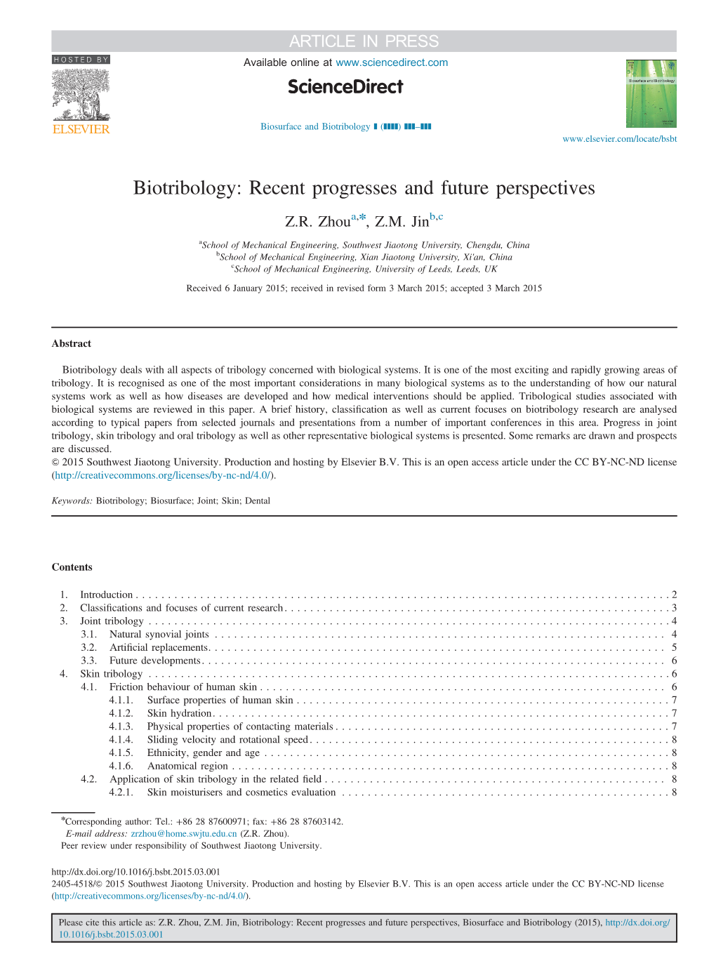 Biotribology Recent Progresses and Future Perspectives