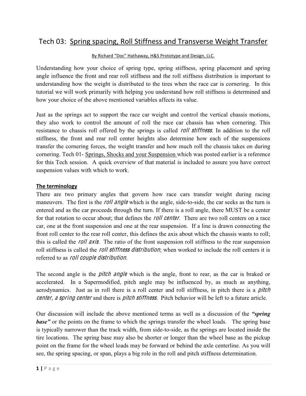 Tech 03: Spring Spacing, Roll Stiffness and Transverse Weight Transfer