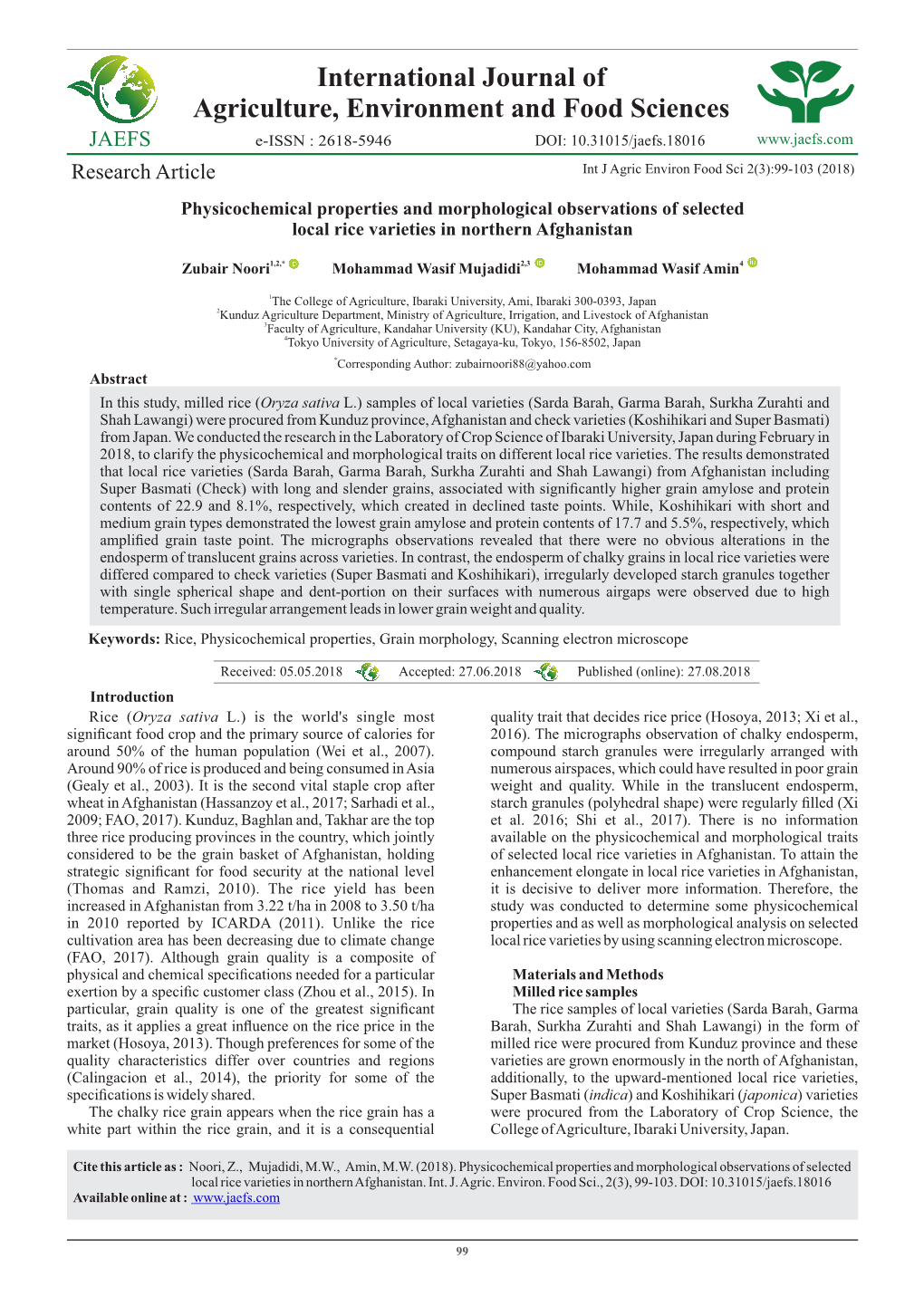 Internat Onal Journal of Agr Culture, Env Ronment and Food Sc Ences