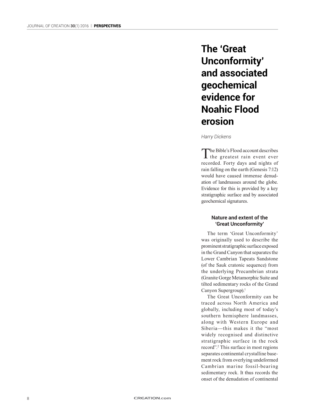 The 'Great Unconformity' and Associated Geochemical Evidence