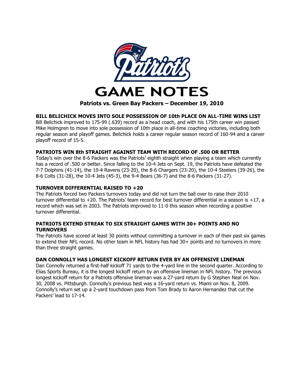 GAME NOTES Patriots Vs