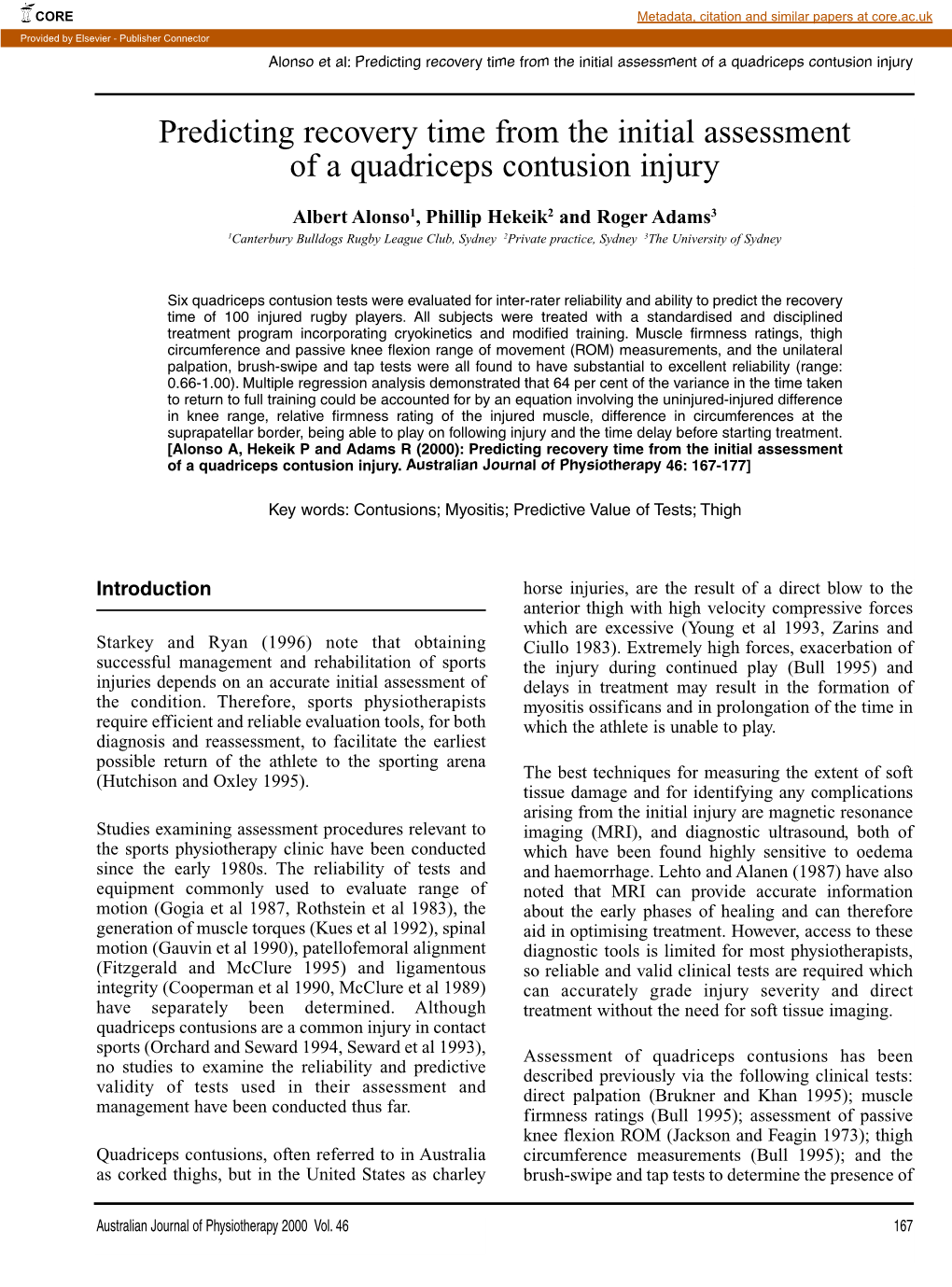 Predicting Recovery Time from the Initial Assessment of a Quadriceps Contusion Injury