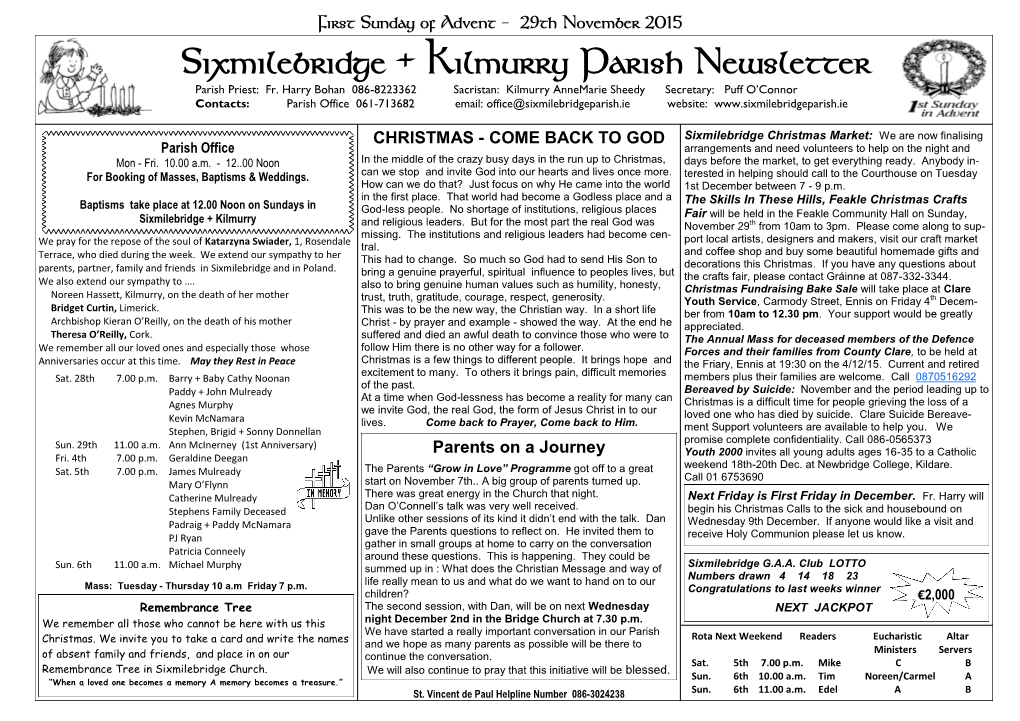 29Th November 2015 Sixmilebridge + Kilmurry Parish Newsletter