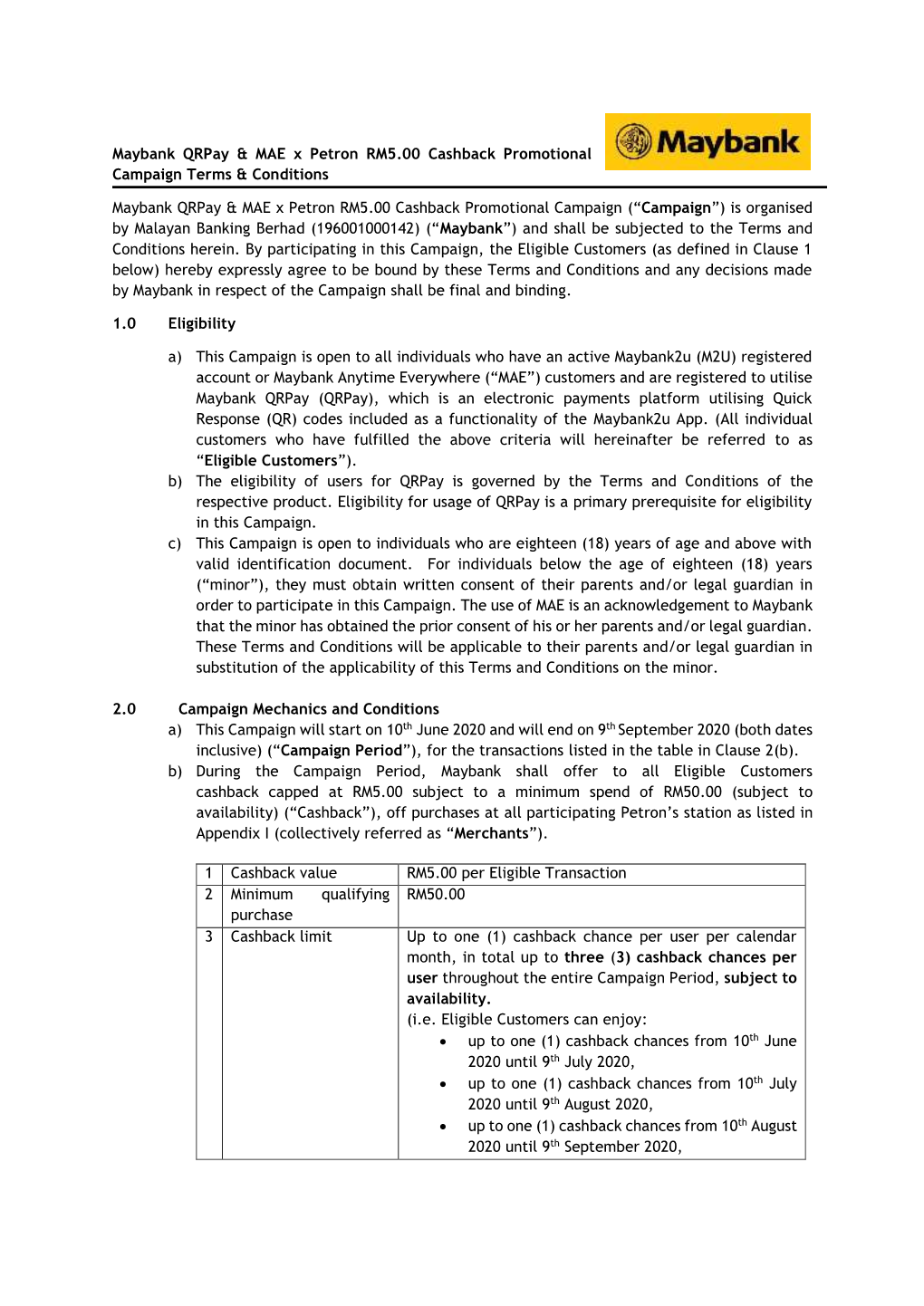 Maybank Qrpay & MAE X Petron RM5.00 Cashback Promotional Campaign Terms & Conditions Maybank Qrpay & MAE X Petron R