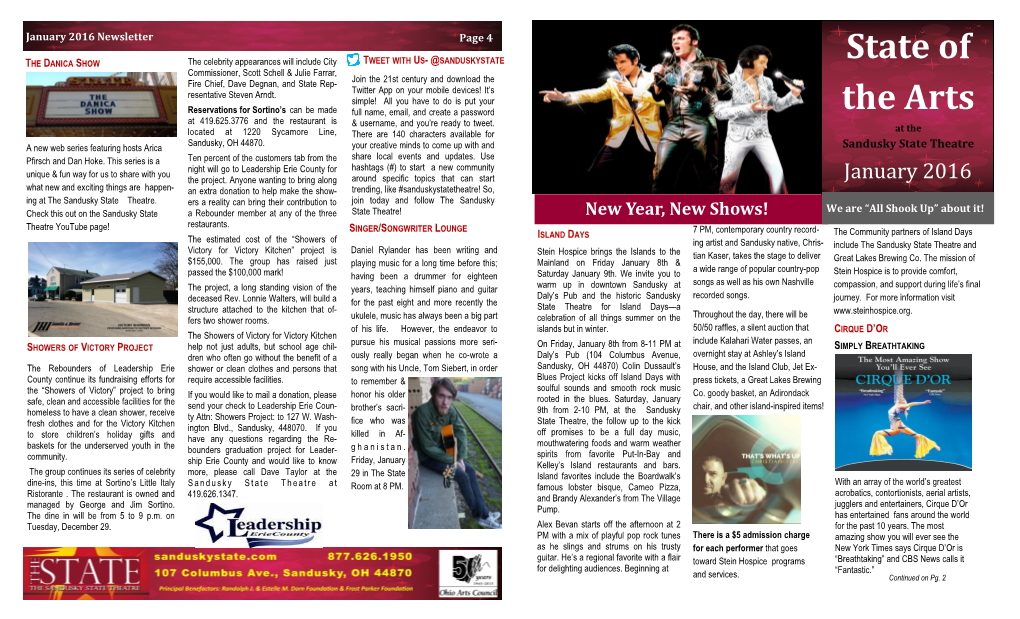 State of the Arts at the Sandusky State Theatre Page 2 January 2016 Newsletter Page 3