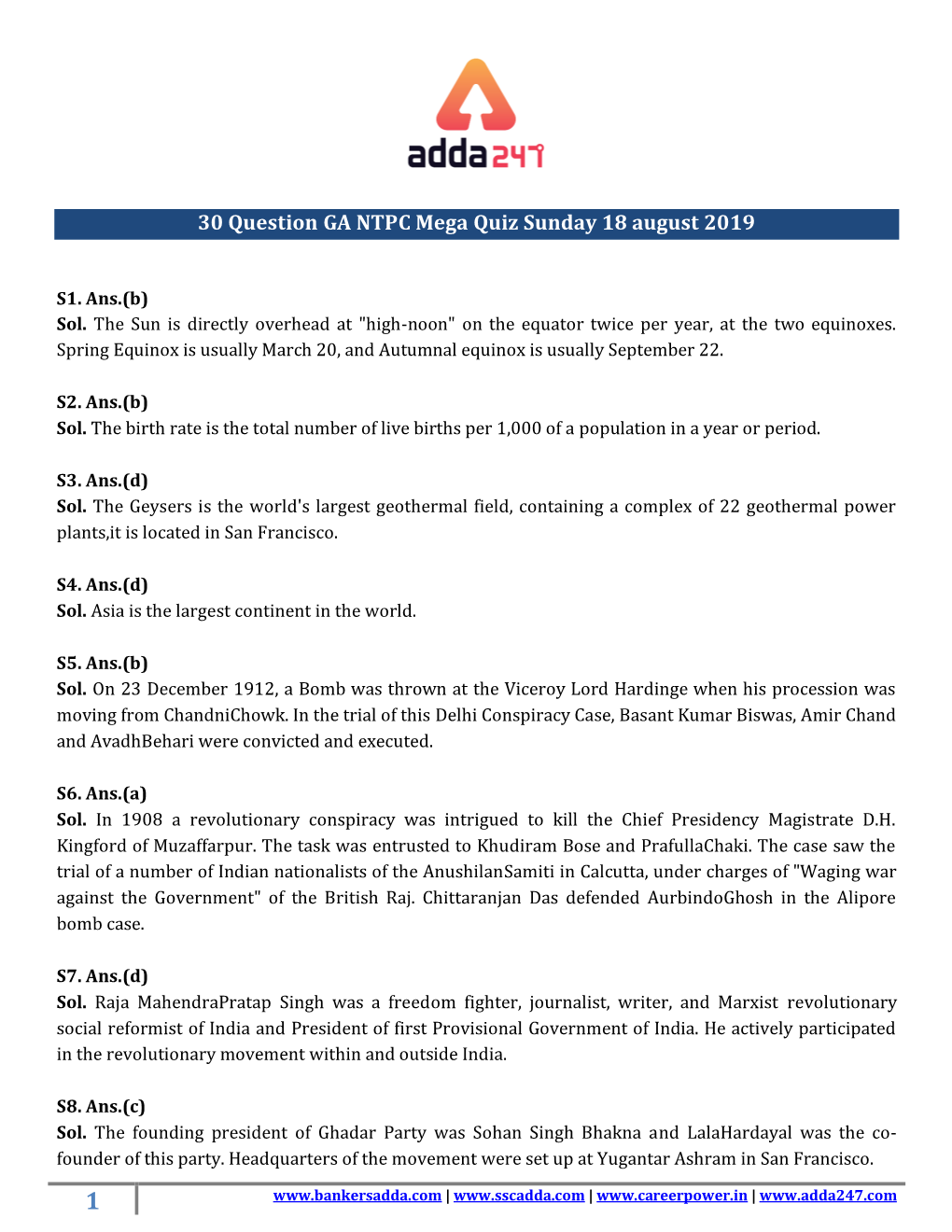 30 Question GA NTPC Mega Quiz Sunday 18 August 2019