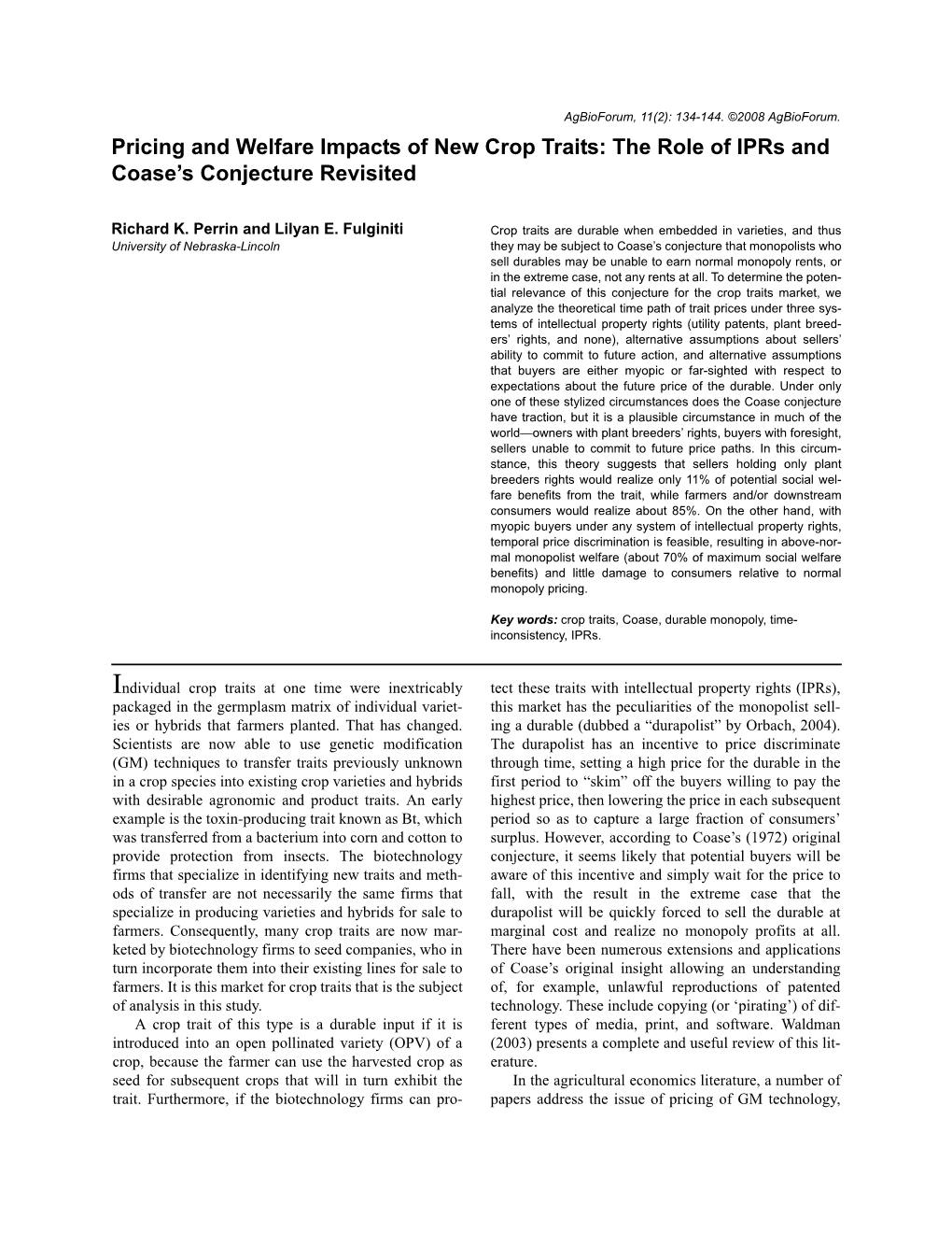 Pricing and Welfare Impacts of New Crop Traits: the Role of Iprs and Coase's Conjecture Revisited