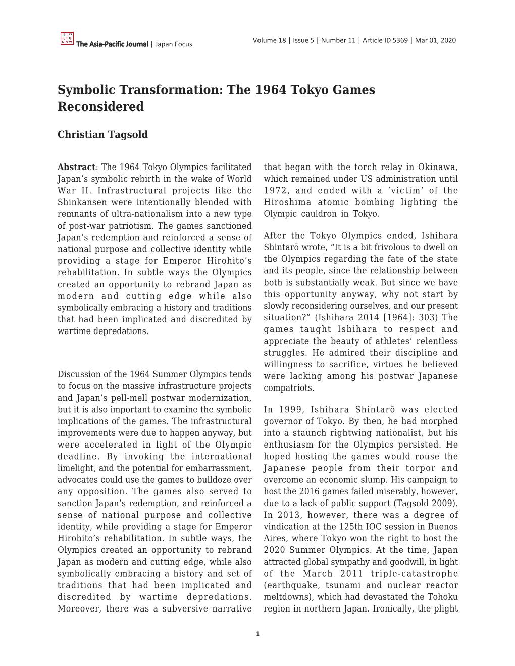 The 1964 Tokyo Games Reconsidered