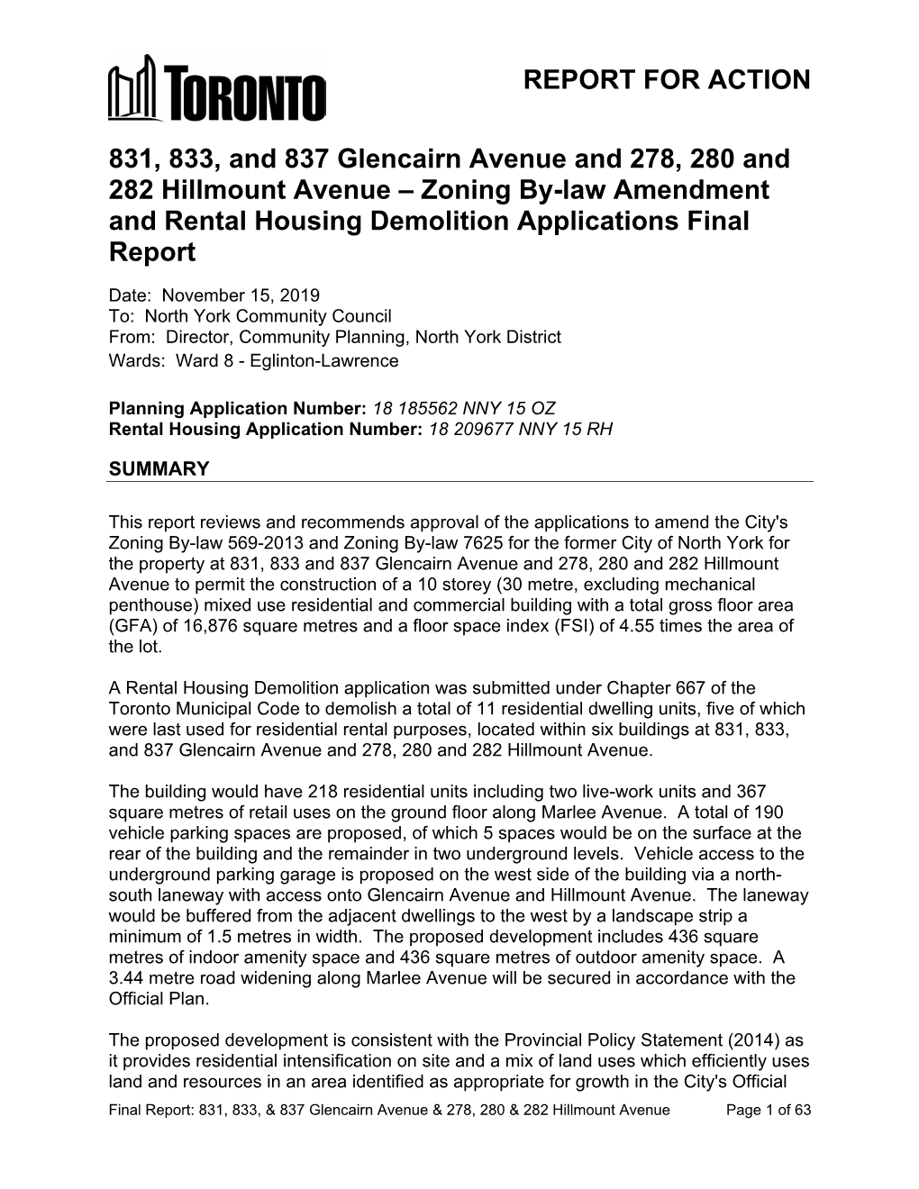 831, 833, and 837 Glencairn Avenue and 278, 280 and 282 Hillmount Avenue – Zoning By-Law Amendment and Rental Housing Demolition Applications Final Report