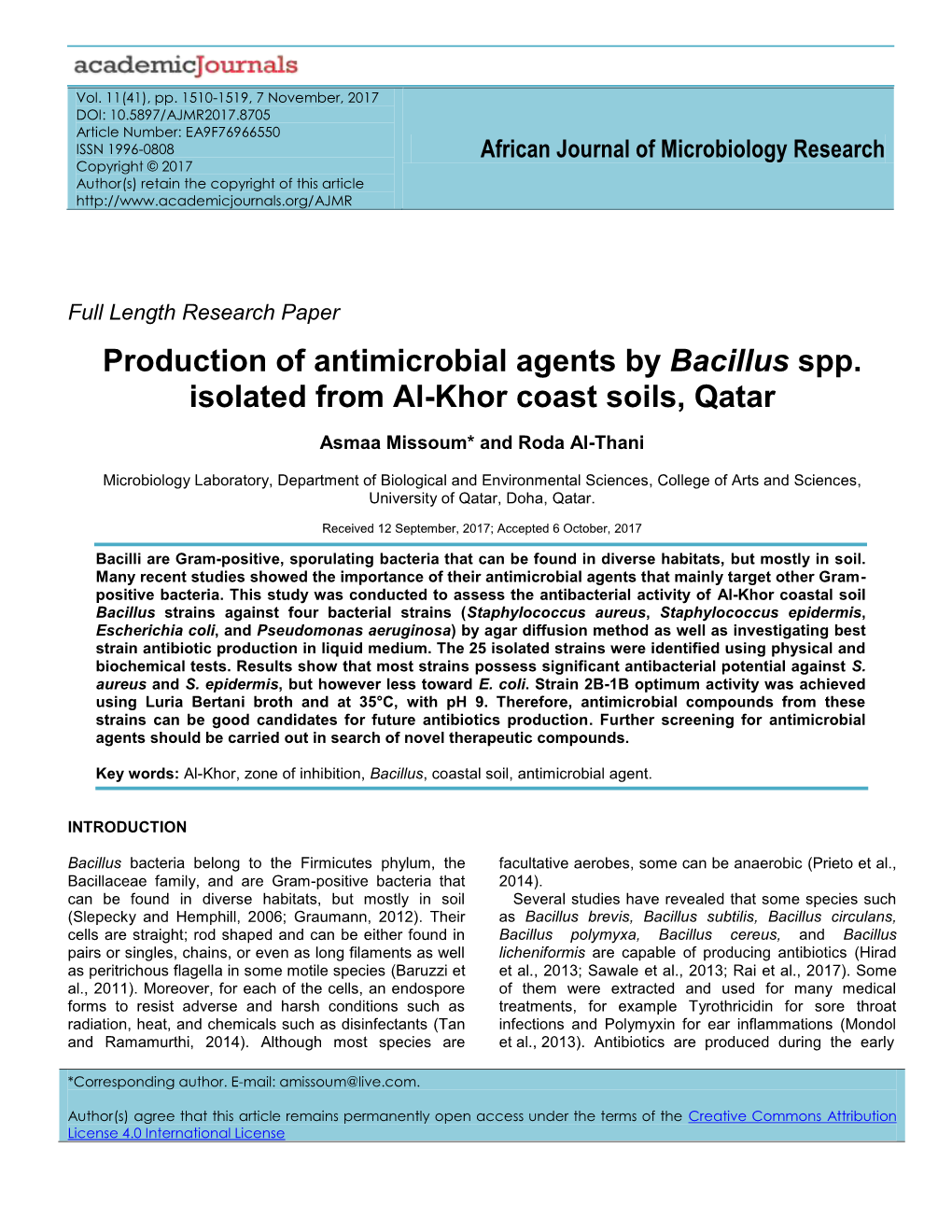 Production of Antimicrobial Agents by Bacillus Spp. Isolated from Al-Khor Coast Soils, Qatar