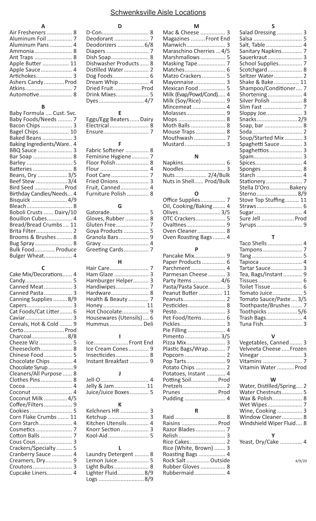 Schwenksville Aisle Locations