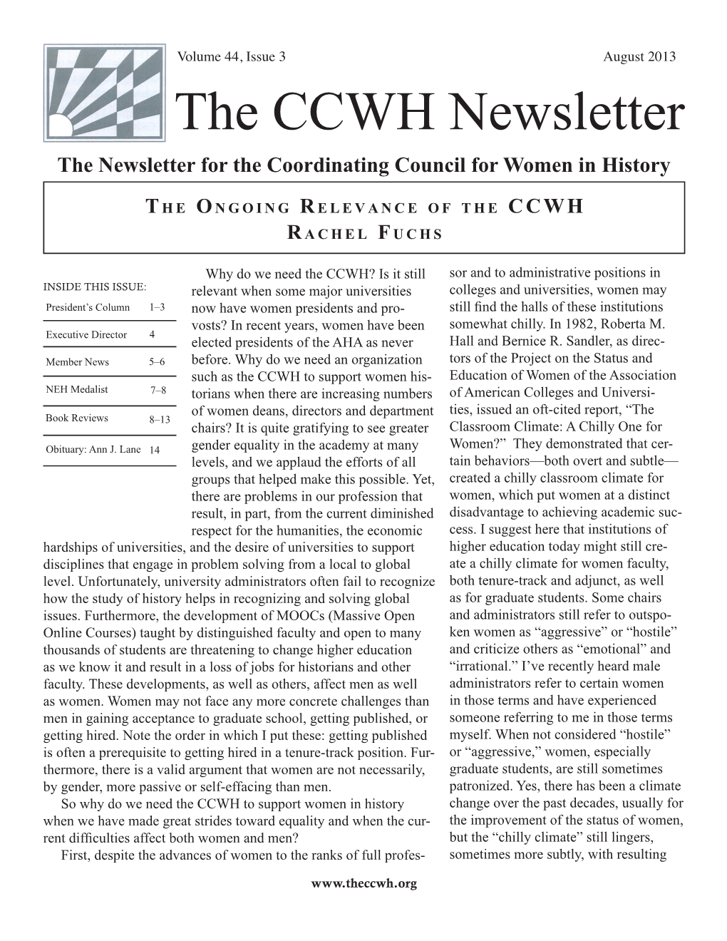 The CCWH Newsletter the Newsletter for the Coordinating Council for Women in History