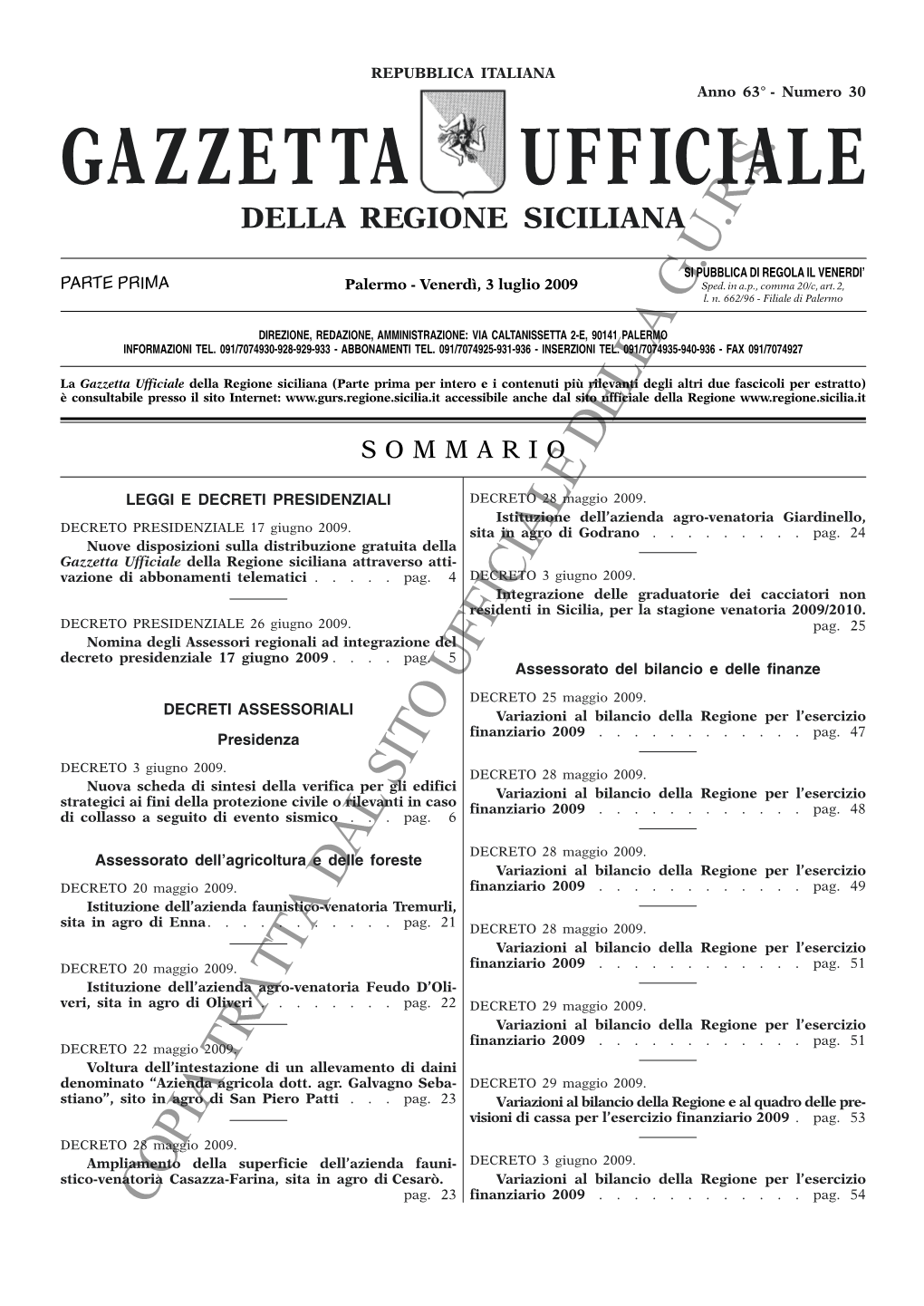 Gazzetta Ufficiale.S Della Regione Siciliana .R U Si Pubblica