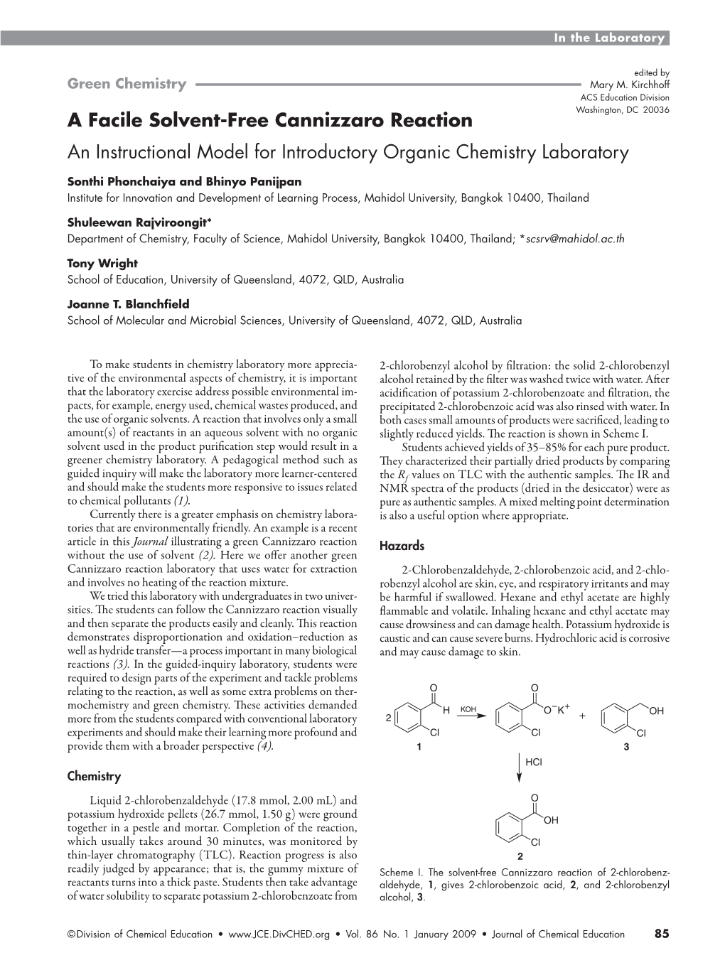 A Facile Solvent-Free Cannizzaro Reaction. an Instructional Model for Introductory Organic Chemistry Laboratory