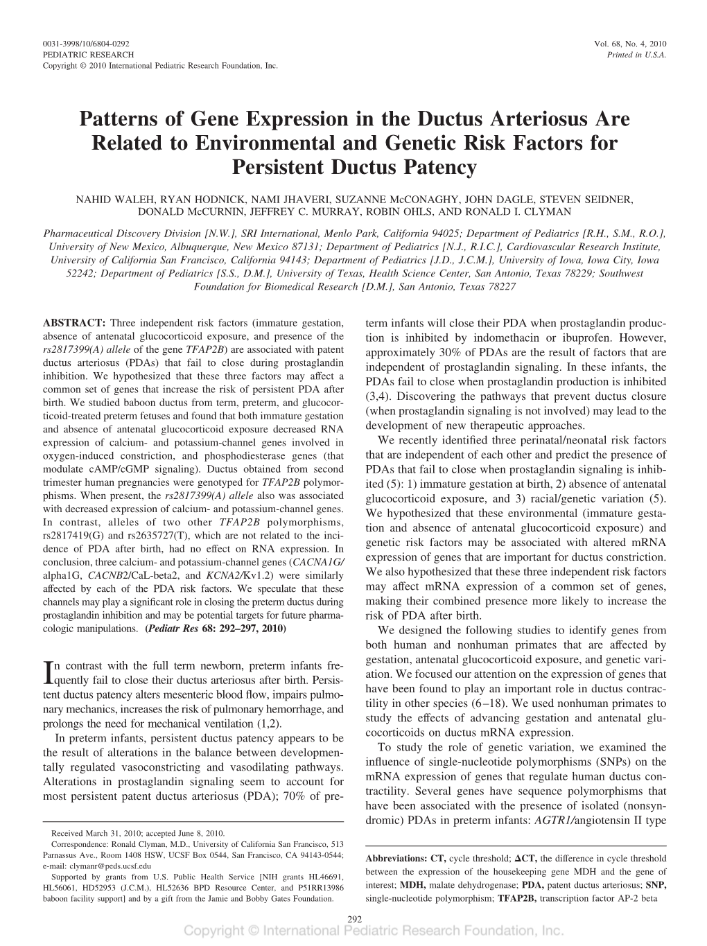 Patterns of Gene Expression in the Ductus Arteriosus Are Related to Environmental and Genetic Risk Factors for Persistent Ductus Patency