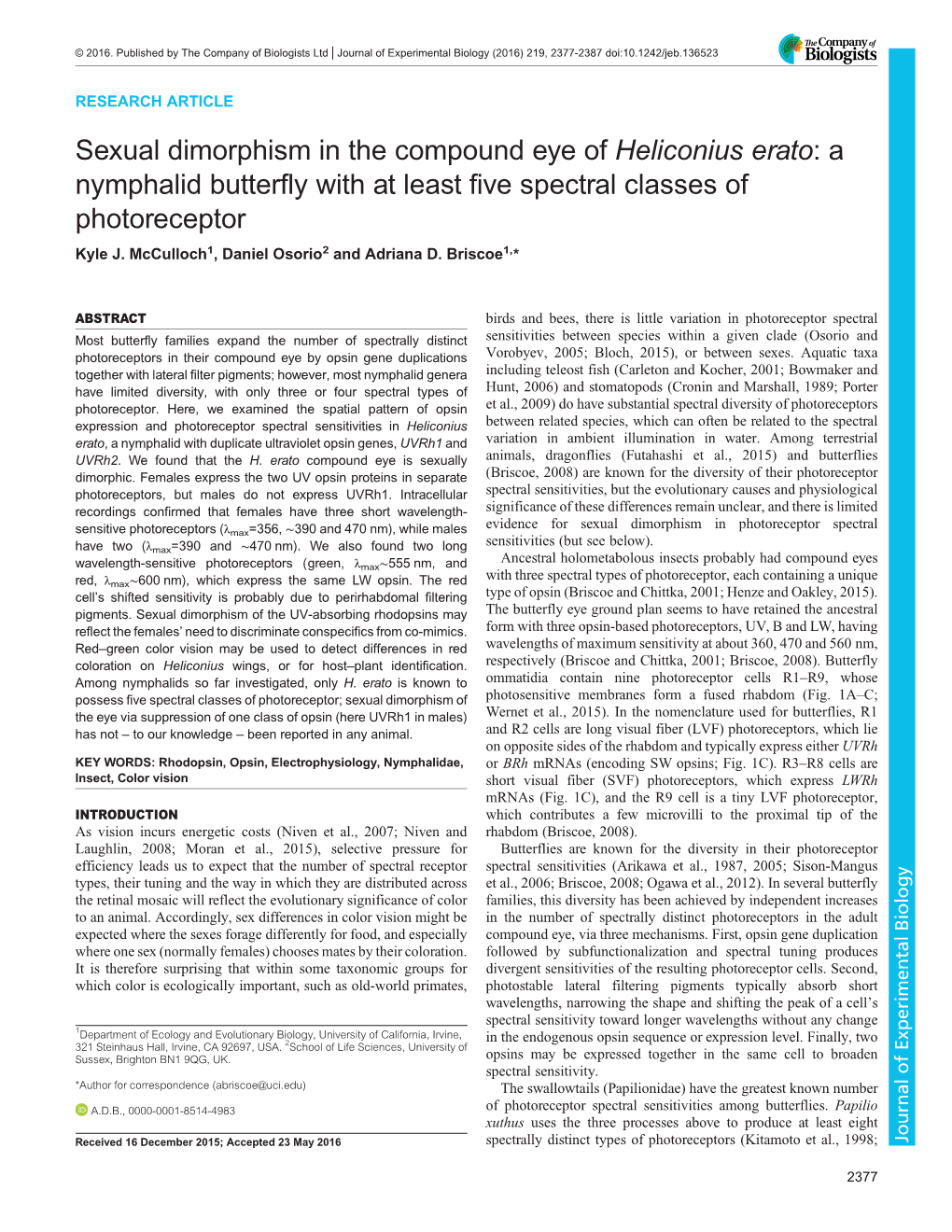 Sexual Dimorphism in the Compound Eye of Heliconius Erato:A Nymphalid Butterfly with at Least Five Spectral Classes of Photoreceptor Kyle J