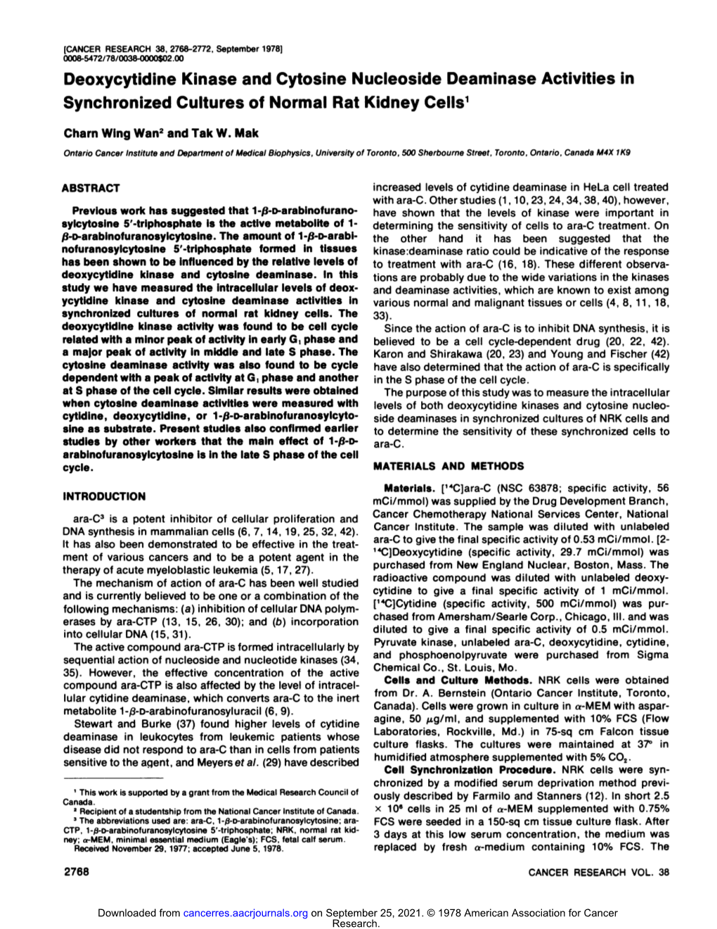 Deoxycytidine Kinase and Cytosine Nucleoside Deaminase Activities in Synchronized Cultures of Normal Rat Kidney Cells1 Charnwingwan2andtak W