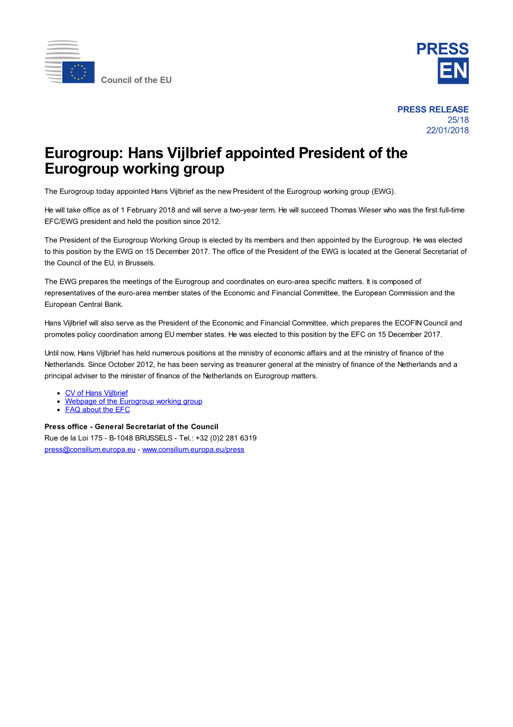 Eurogroup: Hans Vijlbrief Appointed President of the Eurogroup Working Group