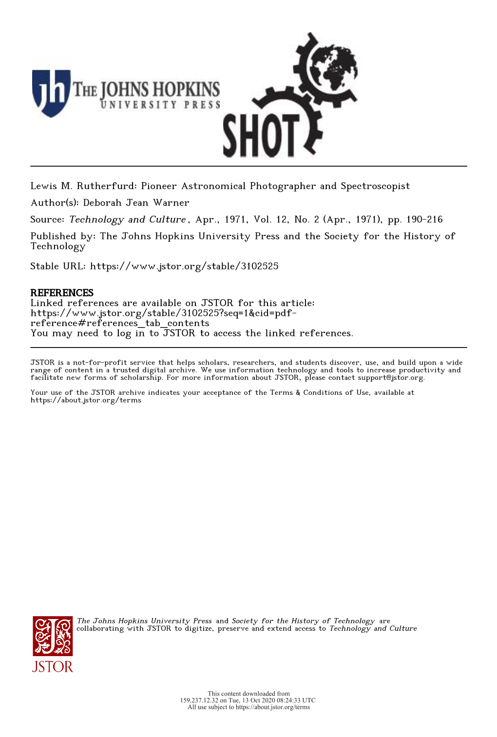 Lewis M. Rutherfurd: Pioneer Astronomical Photographer and Spectroscopist Author(S): Deborah Jean Warner Source: Technology and Culture , Apr., 1971, Vol