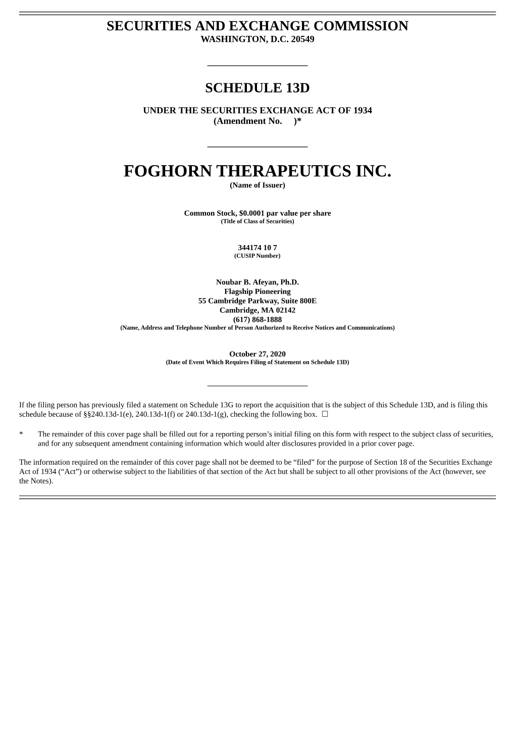 FOGHORN THERAPEUTICS INC. (Name of Issuer)