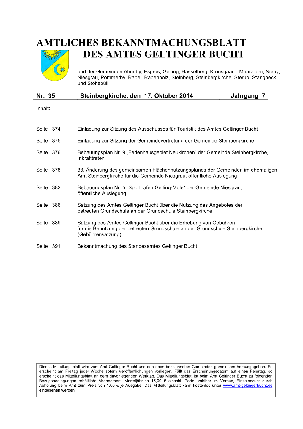 Amtliches Bekanntmachungsblatt Des Amtes Geltinger Bucht Nr. 35/2014