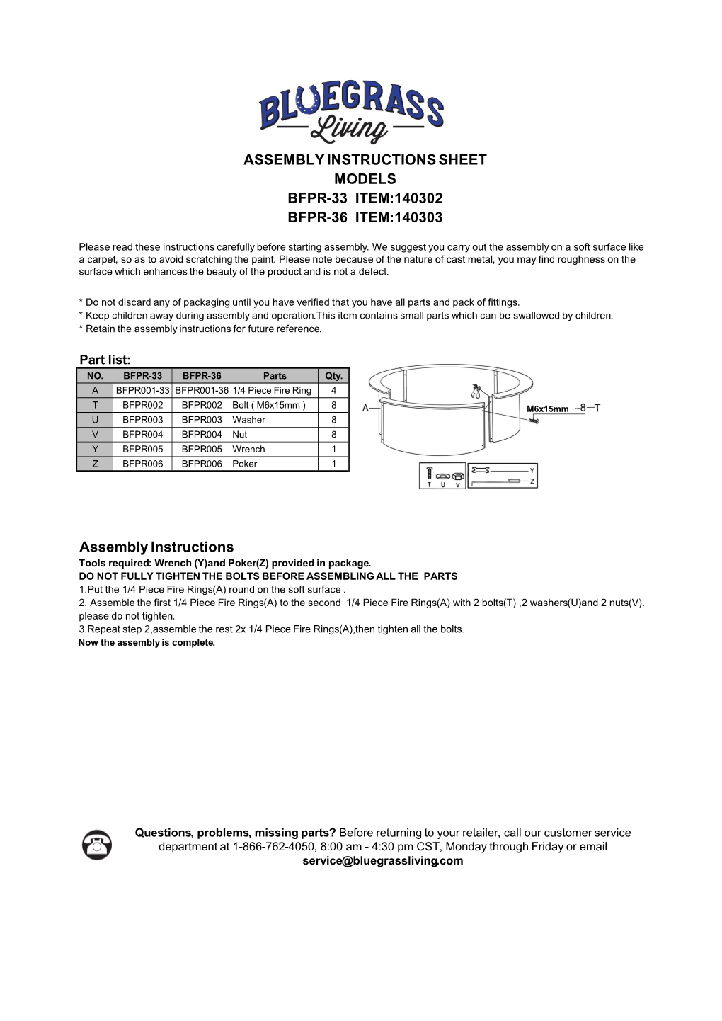 Assembly Instructions Sheet Models Bfpr-33 Item:140302 Bfpr-36 Item:140303