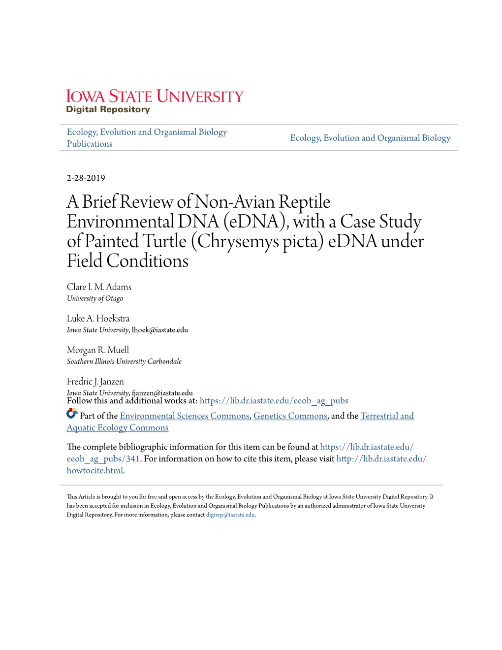 Edna), with a Case Study of Painted Turtle (Chrysemys Picta) Edna Under Field Conditions Clare I