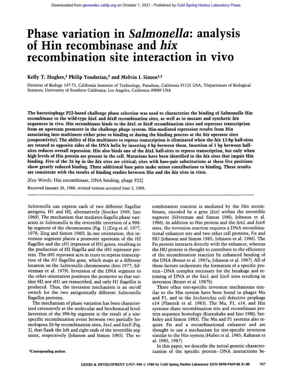 Phase Variation in Salmonella: Analysis of Hin Recombinase and Hix Recombination Site Interaction in Vivo