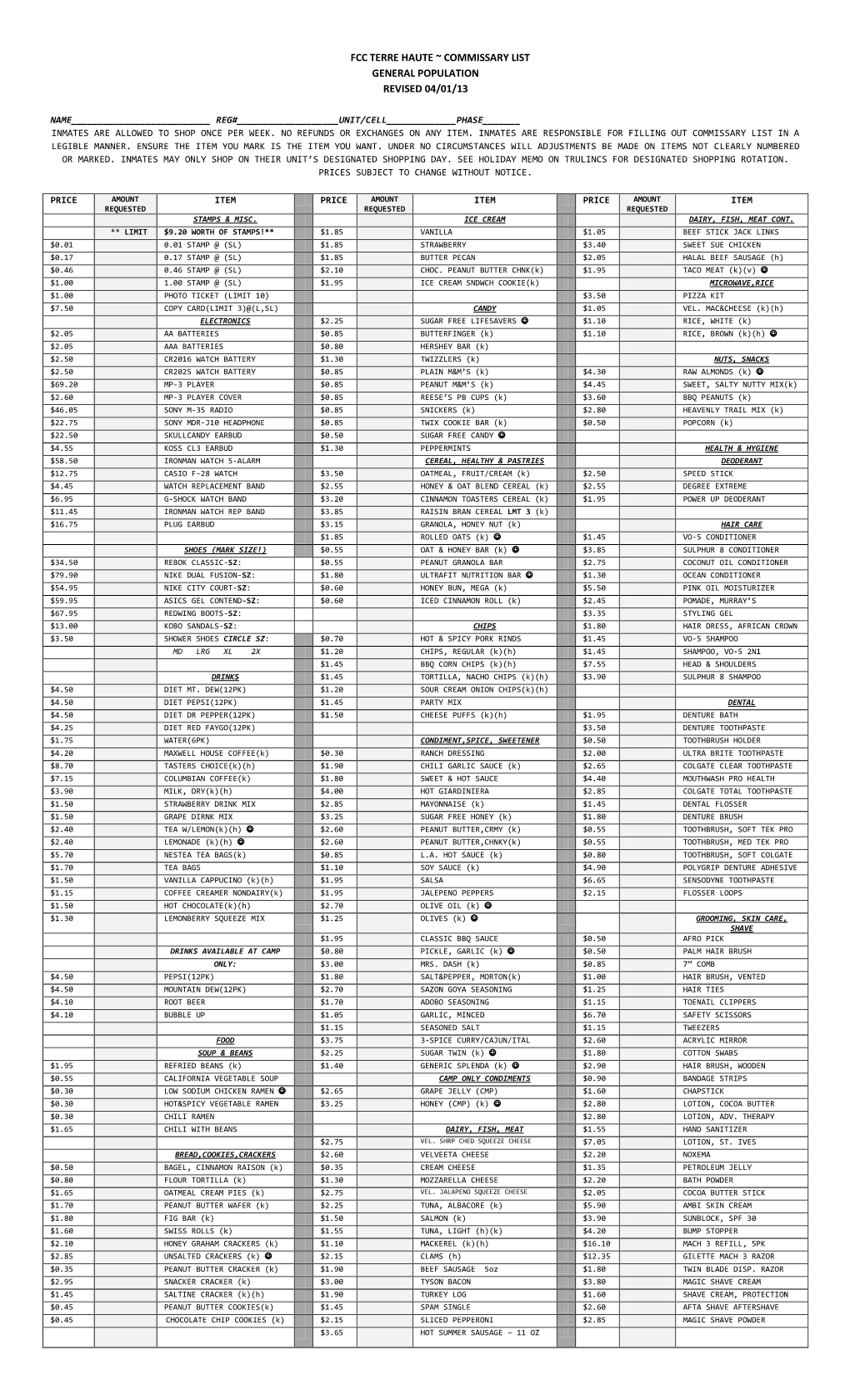 Fcc Terre Haute ~ Commissary List General Population Revised 04/01/13