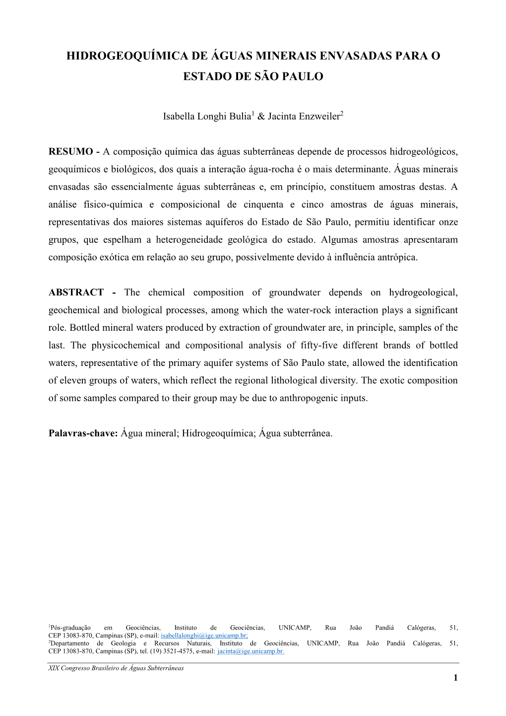 Hidrogeoquímica De Águas Minerais Envasadas Para O Estado De São Paulo