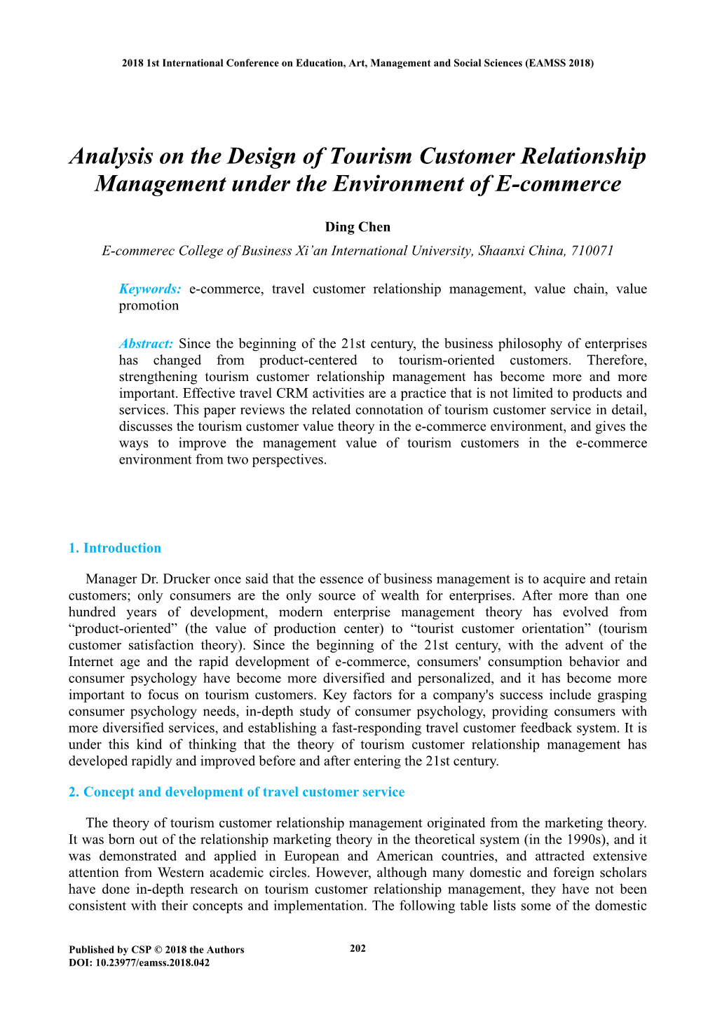 Analysis on the Design of Tourism Customer Relationship Management Under the Environment of E-Commerce