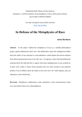 In Defense of the Metaphysics of Race