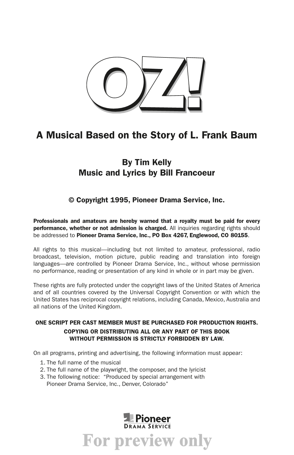 For Preview Only OZ! a Musical Based on the Story by L