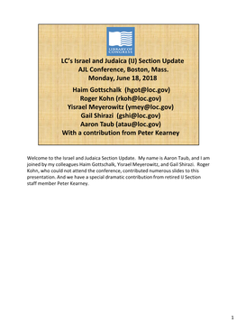 LC's Israel and Judaica (IJ) Section Update AJL Conference, Boston