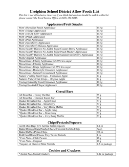 Creighton School District Allow Foods List